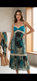- Vestido Midi Boho Verde Petróleo