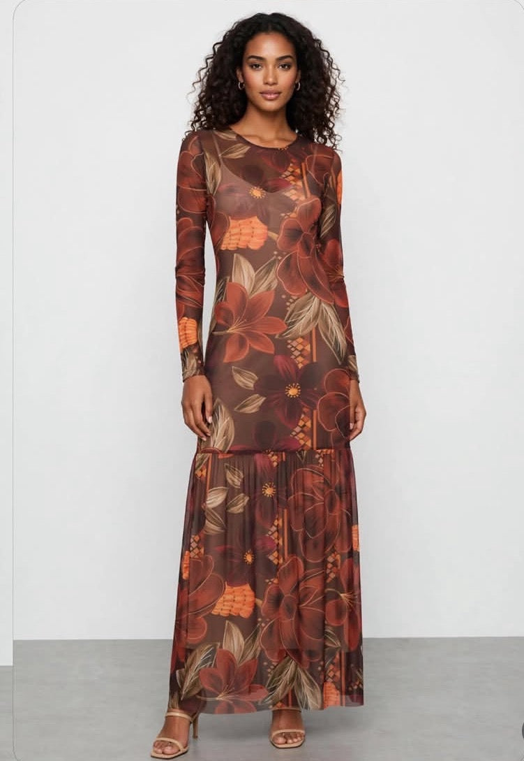 Vestido Longo Floral Marrom Terraco