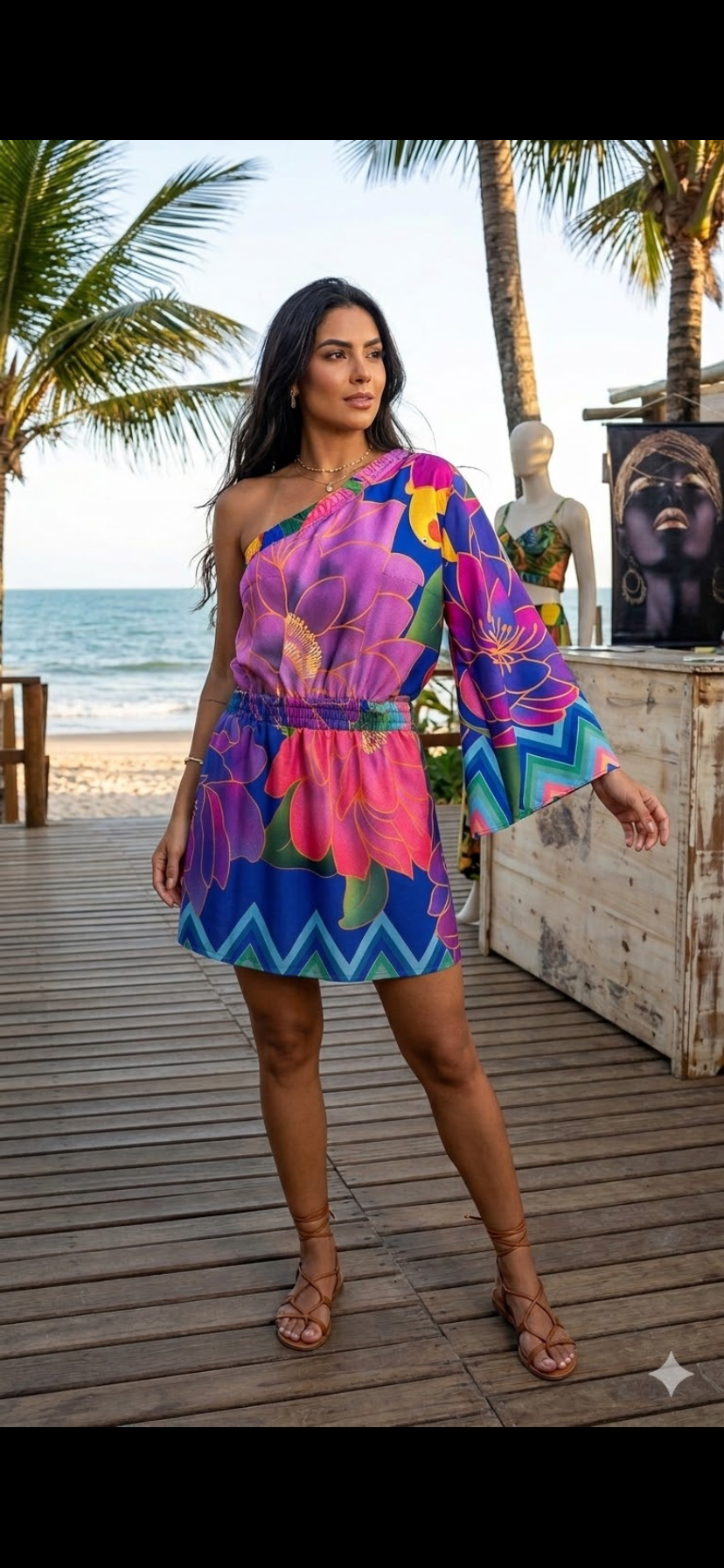 Vestido Curto Tropical One Shoulder